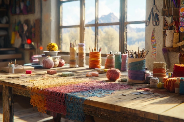 haft na tle drewnianego stołu